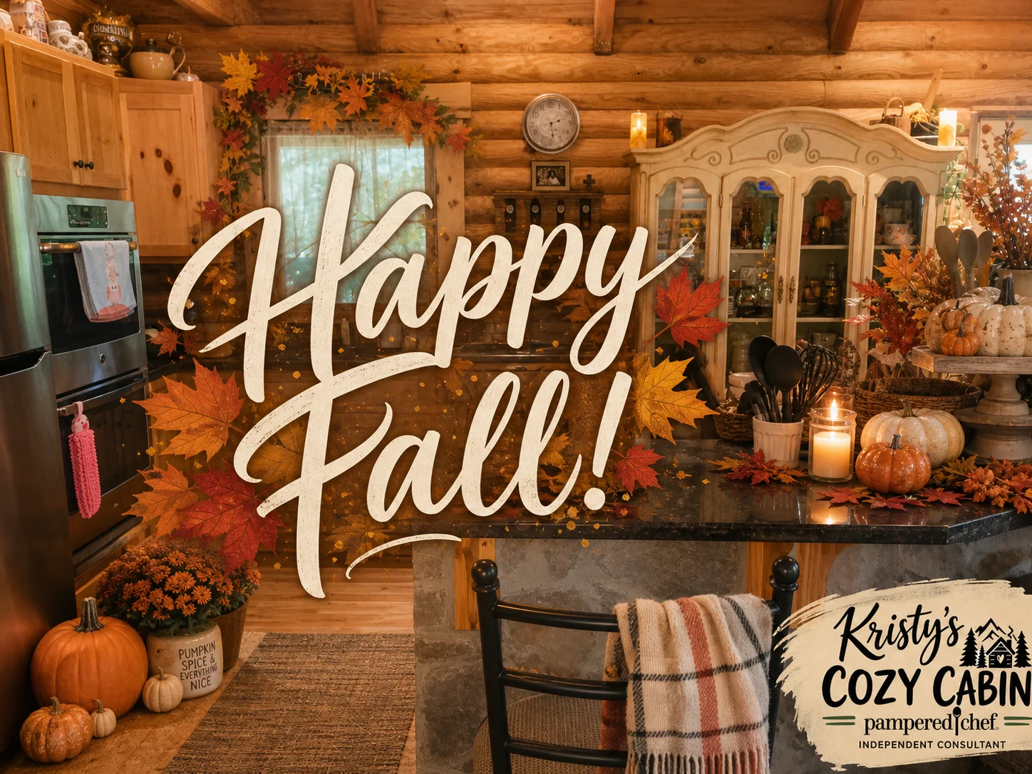 A log cabin kitchen decorated for fall